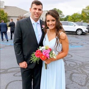 Mist blue Azazie bridesmaid’s dress